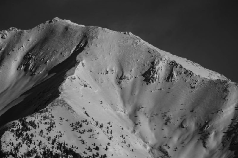 This large natural avalanche occurred in the SW bowl of Galena Peak. It likely ran on the interface between the old snow and the recent storm snow, which consists of a facet/crust layer on some steep, sunny slopes. 10,500', SW. Photo: T. Haskins