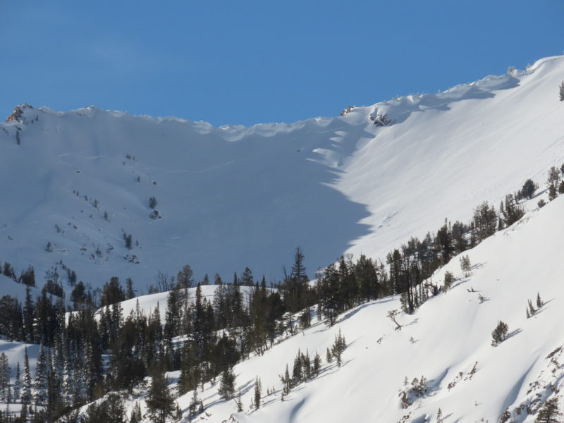 This avalanche failed at the head of the Fishhook drainage in the Sawtooths during the recent storm. The crown spans nearly 1/4 mile of terrain.