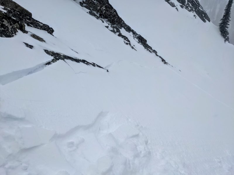 Ben found thin but sensitive wind drifts in upper elevation terrain in the Sawtooths on Sunday, 2/20. The slab pictured was only a few inches thick but was still able to propagate fractures 20-30' away from the trigger point. In steeper terrain, similar slabs were picking up speed and material rapidly as they traveled downslope.