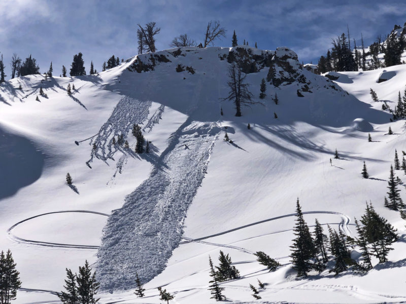 Wet loose avalanche in middle elevation (9100'), N-facing terrain in Grand Prize Gulch.
