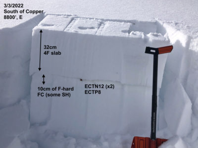 Snowpit near Copper Mountain with a well-developed facet layer 32cm down. 8800', E.