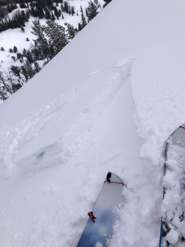 This small freshly formed wind slab formed just below an exposed ridge on an E-facing slope at 9,600'.

These small slabs ranged from 15-25 cm thick in this location and tapered quickly. 