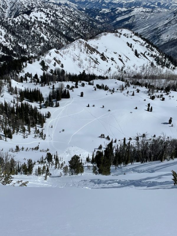 Riders in the Baker Creek drainage triggered this avalanche on Friday, March 18th. It occurred on a wind loaded, E-NE facing slope at 9500'. It broke over 100' wide and 12-16" thick.