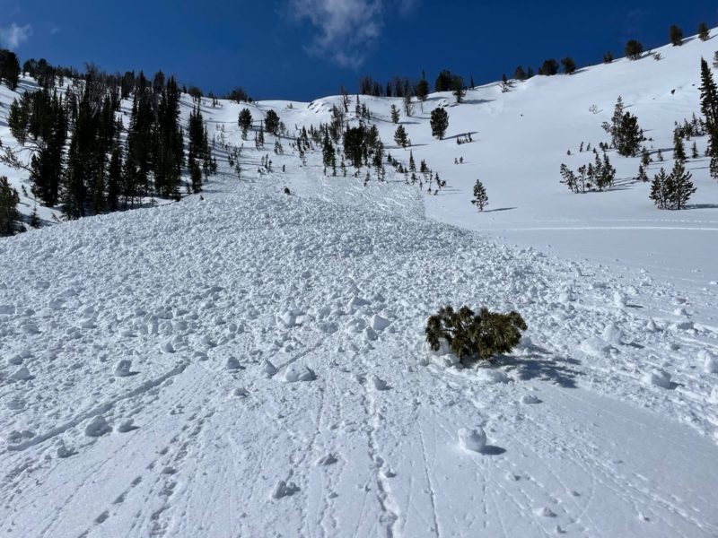 Riders in the Baker Creek drainage triggered this avalanche on Friday, March 18th. It was remotely triggered from the ridgeline and occurred on a wind loaded, E-NE facing slope at 9500'. It broke over 100' wide and 10-16" thick.
