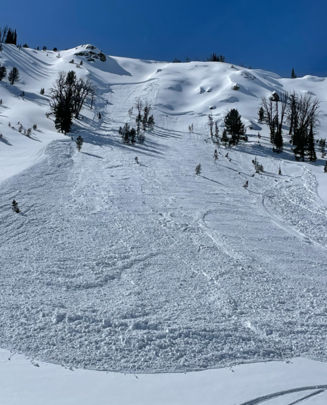 Riders in the Baker Creek drainage triggered this avalanche on Friday, March 18th. It occurred on a wind loaded, NE facing slope at 9500'. It broke over 100' wide and 12-16