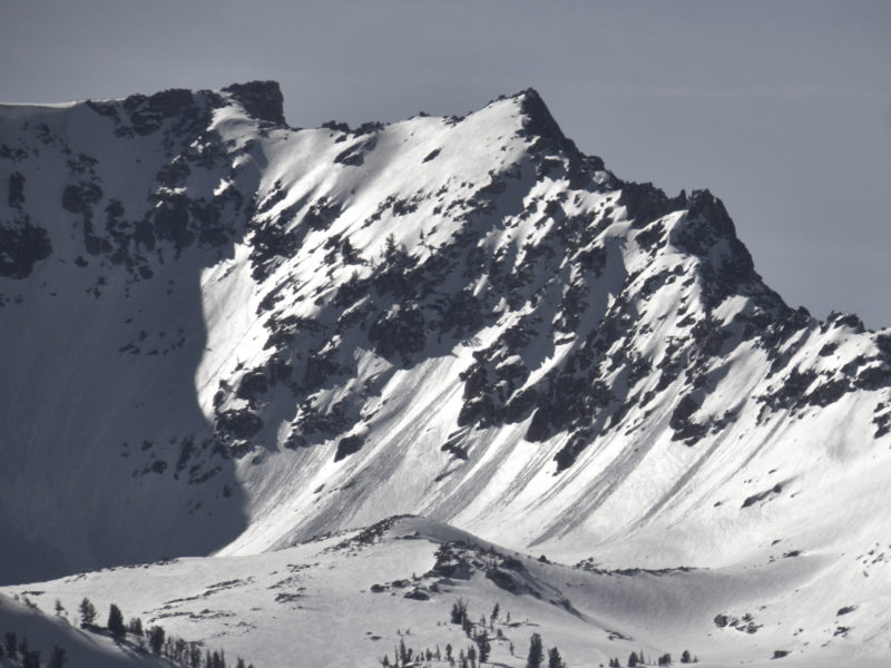 Thin wet loose avalanches on Decker Peak in the Sawtooths.