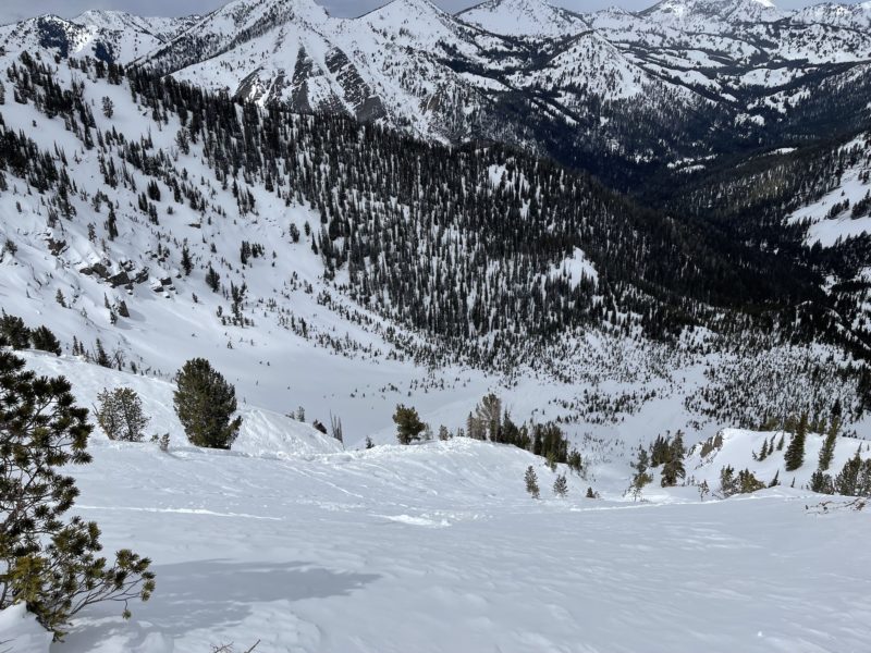 A skier triggered this very large avalanche on a N aspect near 9700' in the Grand Prize Gulch drainage on Saturday, 4-23-2022. The slide was over 500' wide and involved several chutes or gullies. 