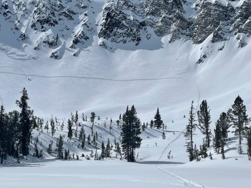 This large slab avalanche was triggered by a snowmobiler near Phyllis Lk in the White Clouds. It was triggered remotely from low on the slope.