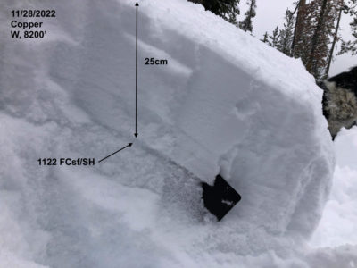 Very weak snow formed at the surface during the November dry spell. This is now buried ~10" deep.