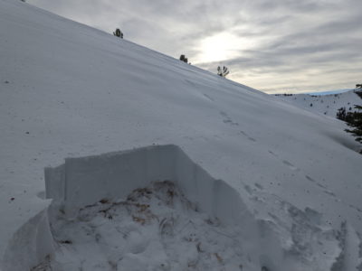 Snowpit dug at 8,800' on a N/NW facing slope near Grays Peak above the E Fk of the Big Wood River. HS=60-65 cm here