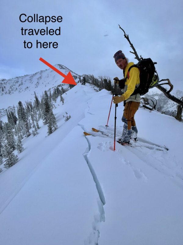 Collapse traveled ~500' from where Ben was able to remote trigger an avalanche.