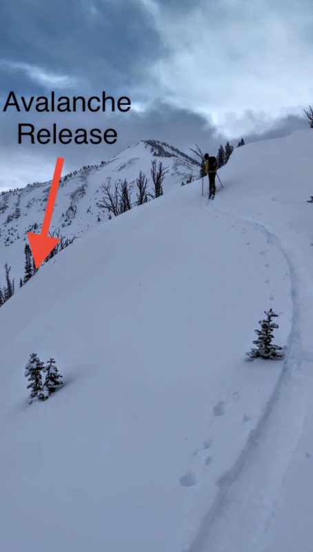 Ben was able to remote trigger a avalanche from a low angle spot (his location in picture) on the ridge and travel 100' below him to where the terrain got steeper.