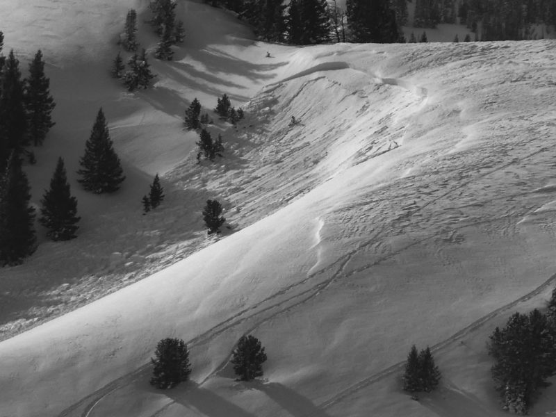 Riders in the Soldier Mtns remotely triggered this wind slab avalanche  from atop the ridge. SE aspect at 8,200'. 

This and many nearby slopes showed signs of heavy wind-loading from strong NW wind early in the morning on Jan. 11th.  