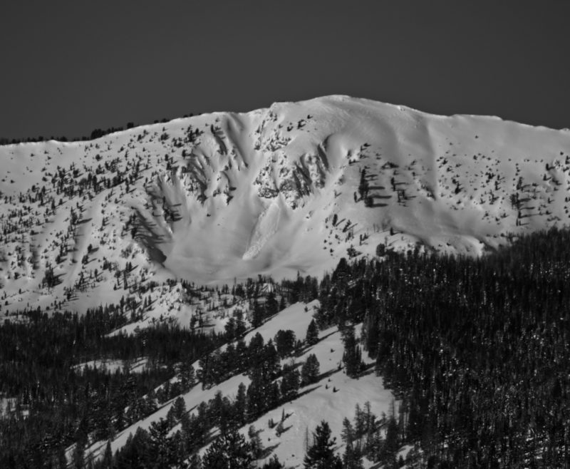 (1/23/2023) A large avalanche released below a cliff band in the Central Sawtooths on a east facing slope at 9600'. 