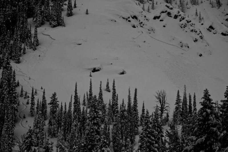 Potentially skier triggered avalanche on the left side. The party possibly remote triggered the avalanche on the right. Based on the crown depths, both seemed to have failed on the same weak layer.