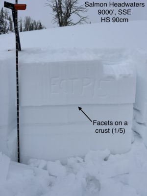A crust + facet combo produced propagating results in snowpack tests. 