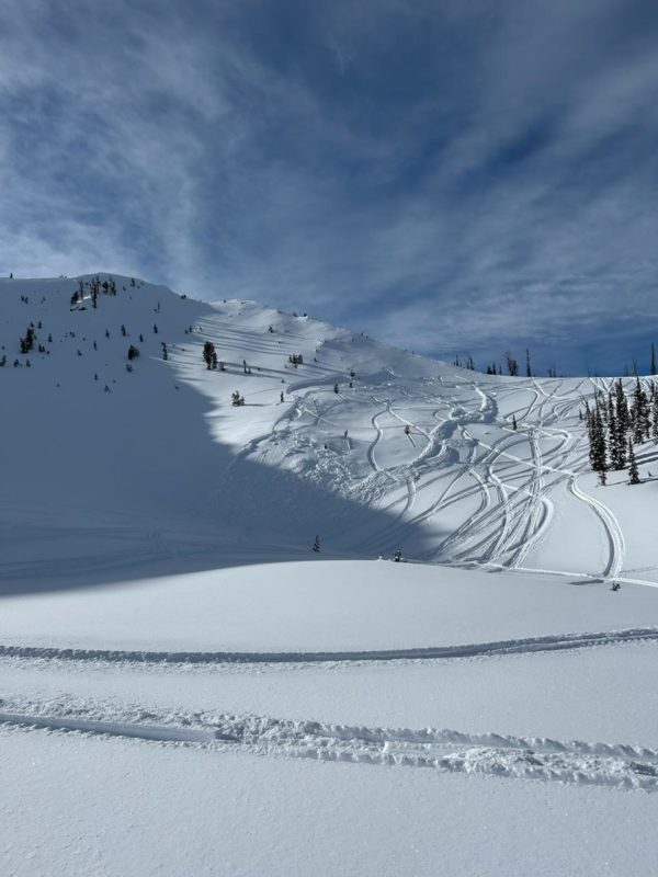 This slow-moving slide was triggered by a snowmobiler in the northern Sawtooths on a NE aspect at around 8,000'. Riders crossed the slope 6-8 times before it released. Based on the depth and appearance of the crown, it likely failed on a weak layer buried in early January. We'll share details as we learn more. 
