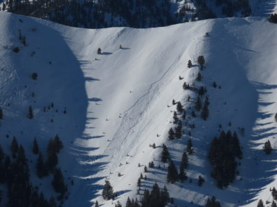 This recent slab avalanche was observed in the Lake Creek drainage on a SE-aspect at 8,800'. It failed in a wind loaded location, likely during an uptick in wind speed mid-week.