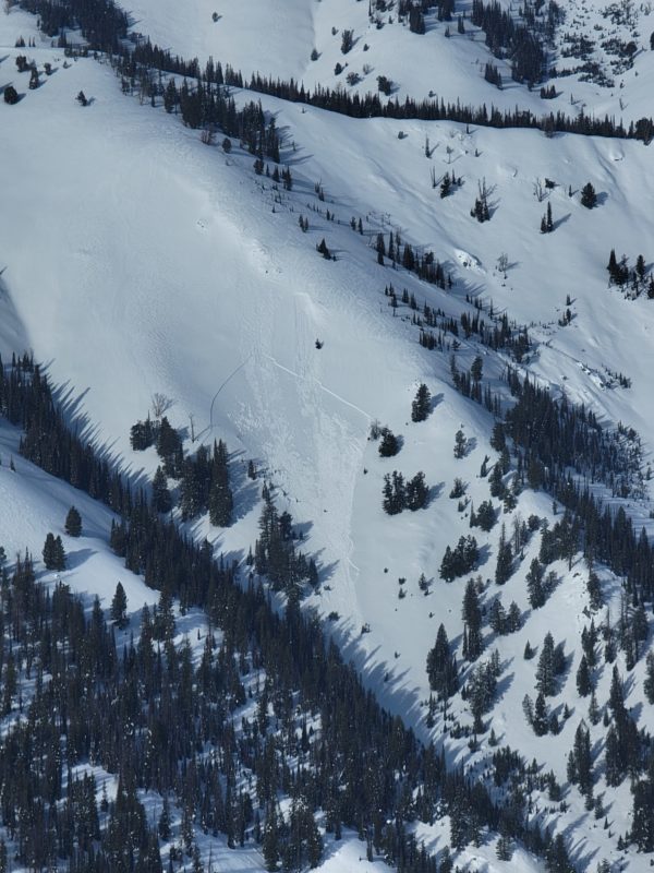 This natural avalanche in the W Smokys likely occurred during the wind event on Jan 22. The depth and characteristics are consistent with the early-January surface hoar layer. It appears to have been triggered by a small wind slab. 8500', E. Sun Valley Heli Ski photo.