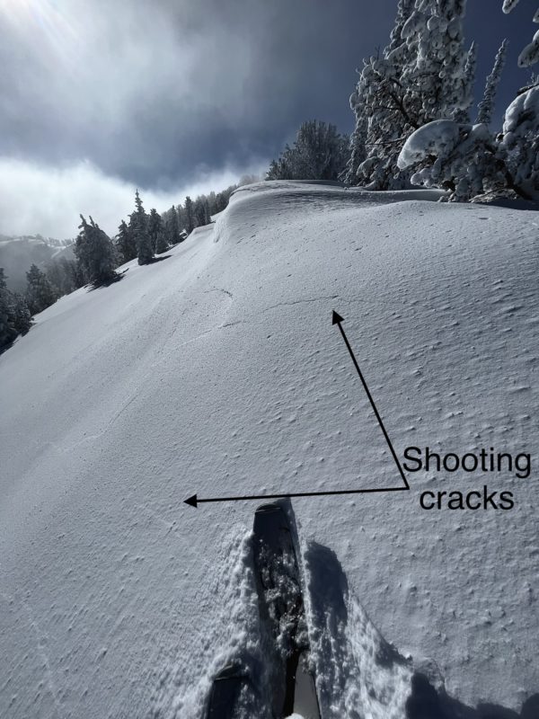 Here are some shooting cracks near a low angle ridgeline that was wind-affected. Shooting cracks are signs of unstable snow.