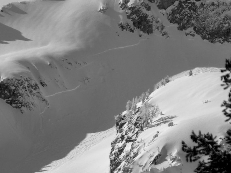 This very large avalanche released at about 10,000' on a N face of Merritt Pk in the Sawtooths. This picture shows a portion of the start zone. 