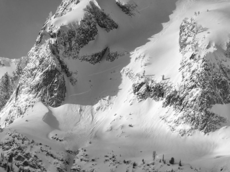 This very large avalanche released at about 10,000' on a N face of Merritt Pk in the Sawtooths. 