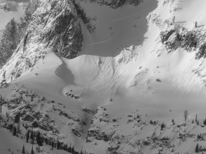 This very large avalanche released at about 10,000' on a N face of Merritt Pk in the Sawtooths. This picture shows the lower half of the slide. 