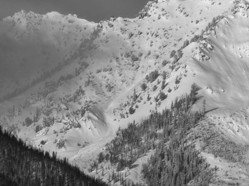 This very large avalanche released on a SE face of Parks Pk in the Sawtooths. It ran approximately 1,500 vertical feet. 
