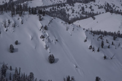 (2/23/23) A thin crown on a steep southeast facing slope around 9400'. A number of crusts formed prior to the recent snow and is likely the failure plane of this avalanche.
