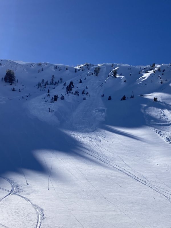 This large avalanche was triggered by riders in the Pole Creek drainage on Saturday, 2/25/23. It failed on a wind-loaded E/NE-facing slope at 9,800'. It appears to have stepped down to a deeper weak layer in the bottom right corner of the photo.