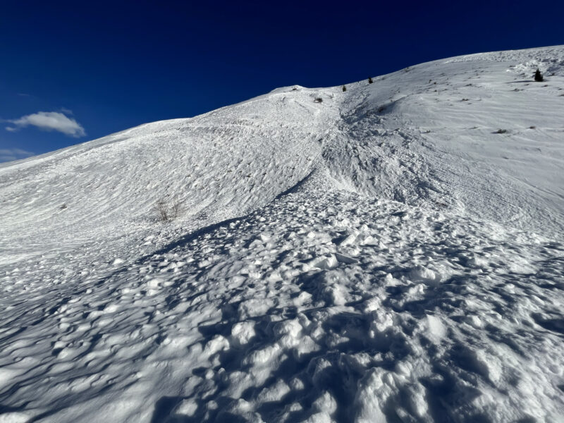 Widespread natural avalanches above Bayhorse Rd at the mouth of Muldoon canyon, Bellevue. Avalanche activity in this location was focused on NW-N-NE-E aspects between 7,200'-5,800'.