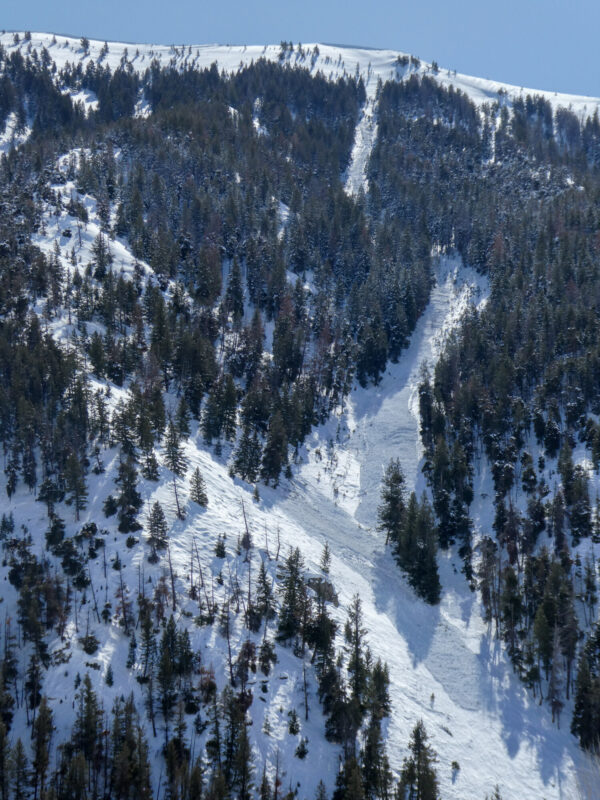 Large wet loose avalanches in the Mine Bender paths above the E Fork of the Big Wood. 