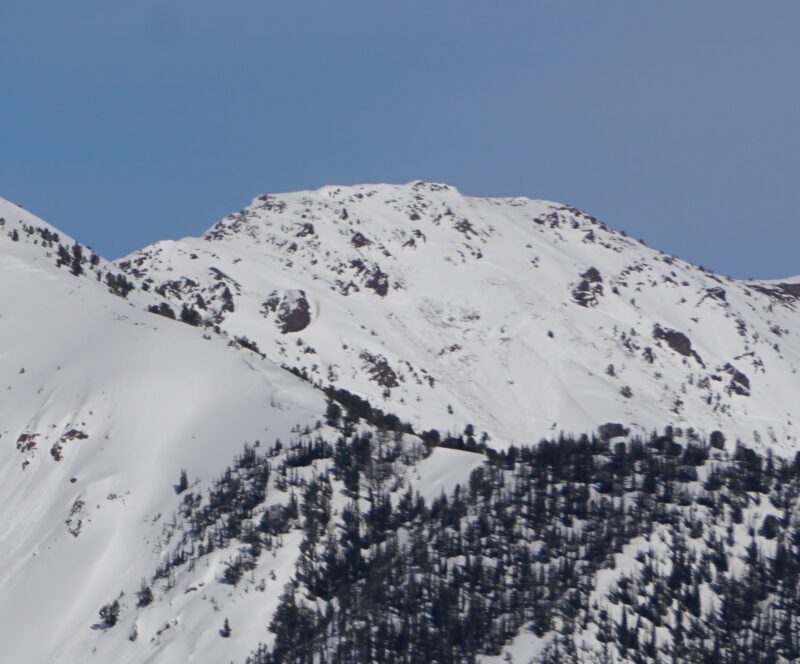 Very large wet slab avalanche in the Cherry Ck drainage, SW-W aspects near 10400'. The crown is over 2000' wide. 