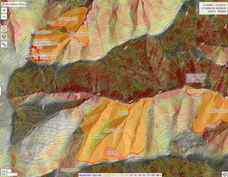 2., 3. CalTopo mapping of crown, slope angles, and 2 crown profile locations (CP1 and CP2); outline of separate avalanches observed shown in orange polygon (including ones in the Steep Creek drainage).